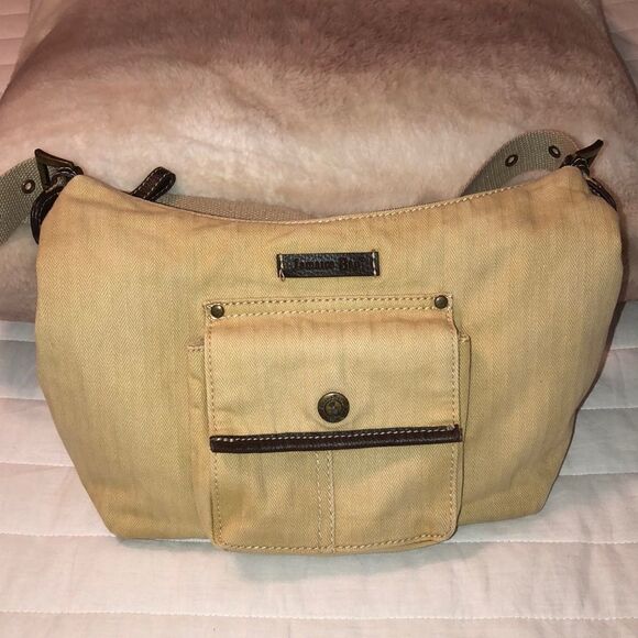 Jamaica Bay Light Cream Canvas Brown Leather Combo Shoulder Bag - Picture 1 of 15